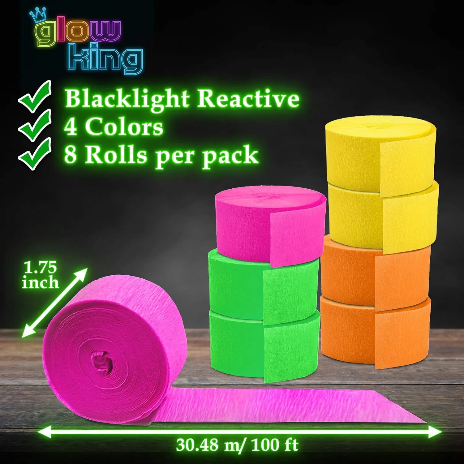 Glow King Black Light Streamers | 8 Pack of 100ft Fluorescent Rolls