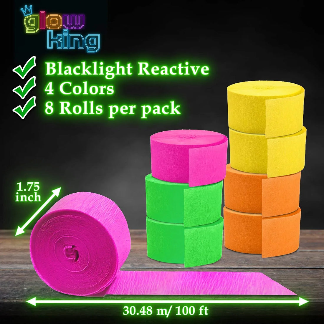 Glow King Black Light Streamers | 8 Pack of 100ft Fluorescent Rolls