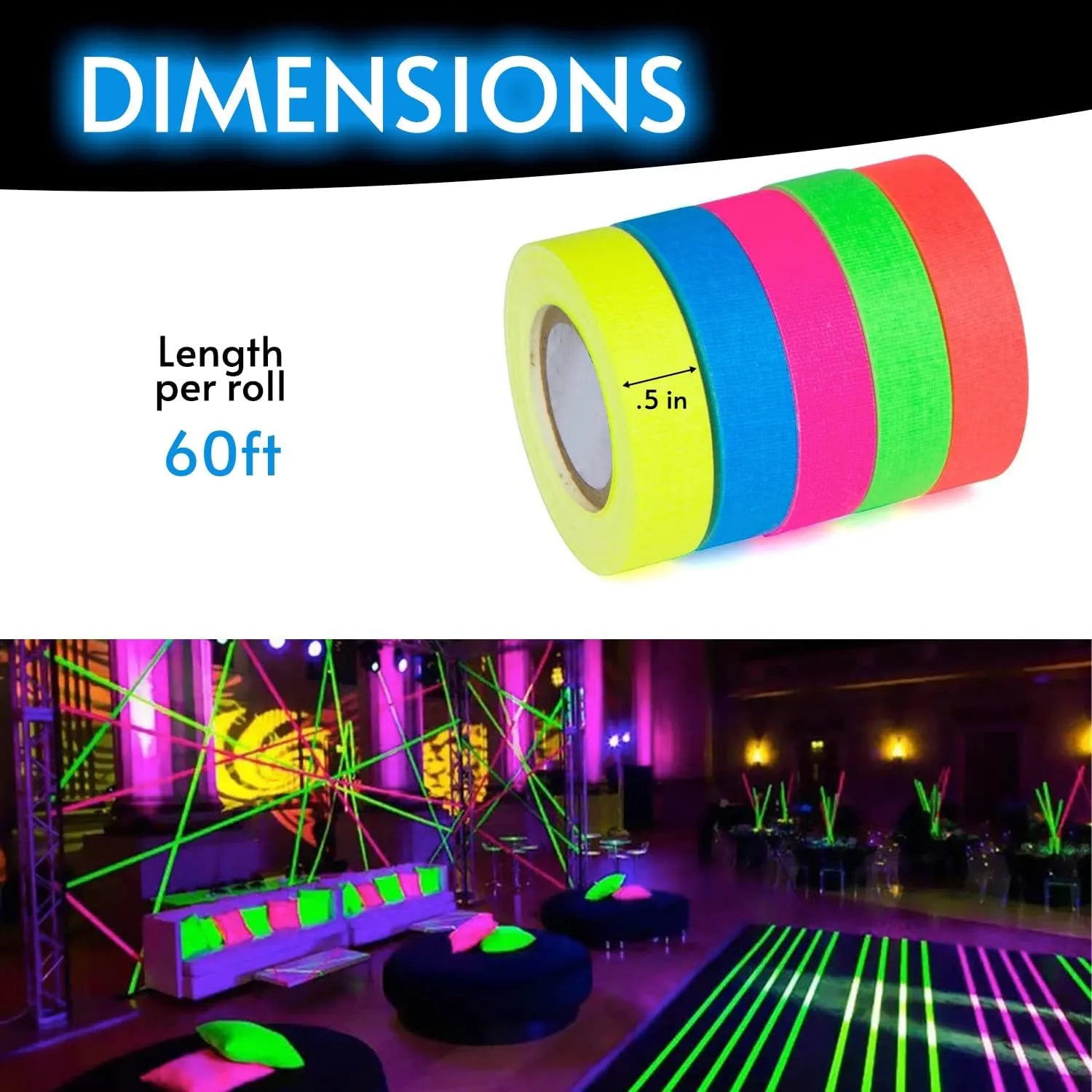 Glow King Blacklight Reactive Glow Tape - Large Tape – 0.5 in x 60 ft